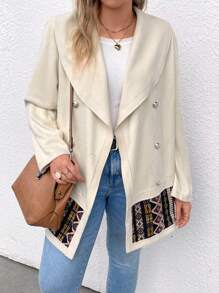 SHEIN LUNE Plus Contrast Geo Print Shawl Collar Button Detail Coat Fall Cloth For Women - Apricot - View 5