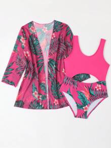SHEIN Young Girl One-Piece Swimwear With Tropical Printed And Cover-Up Set Matching Set - Multicolor - View 4