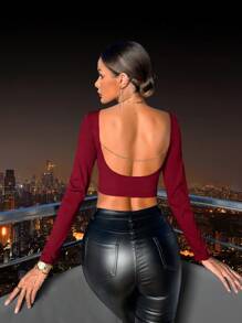 SHEIN SXY 女式性感露背長袖 T 卹 - 紅色 - 查看 1