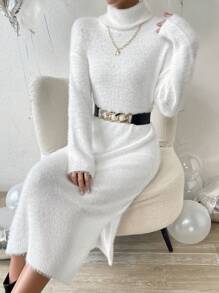 SHEIN Privé Turtleneck Drop Shoulder Split Thigh Sweater Dress - White - View 6