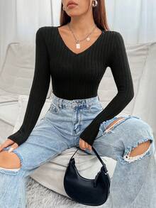 SHEIN PETITE Solid V Neck Tee - Black - View 3