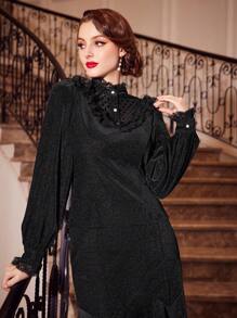 Vintamour 女士們圓點蕾絲鑲邊襯衫 - 黑色 - 查看 4