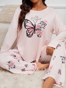 Plus Size Butterfly Printed Top & Pants Pajama Set, Fall Winter Clothes, Cozy Outfit - Multicolor - View 1