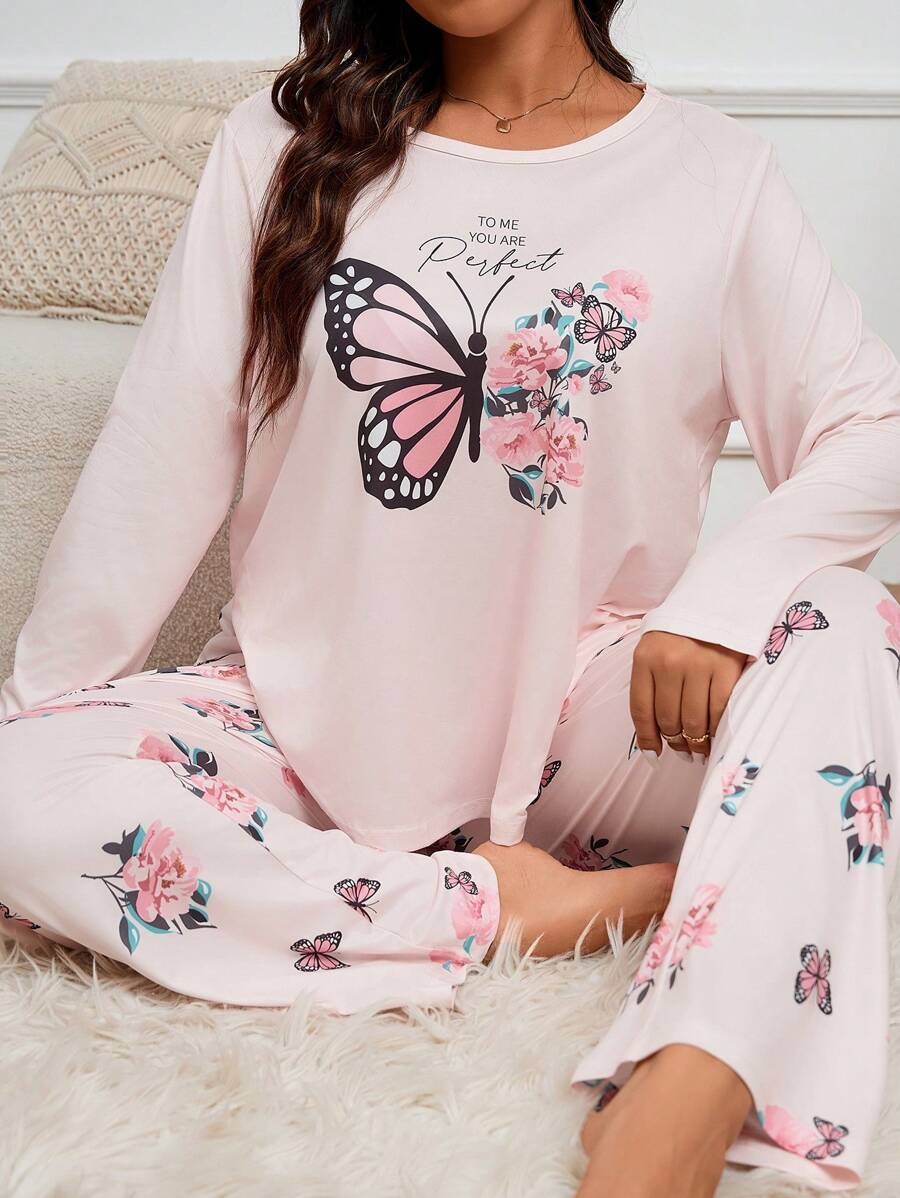 Plus Size Butterfly Printed Top & Pants Pajama Set, Fall Winter Clothes, Cozy Outfit - Multicolor - View 1