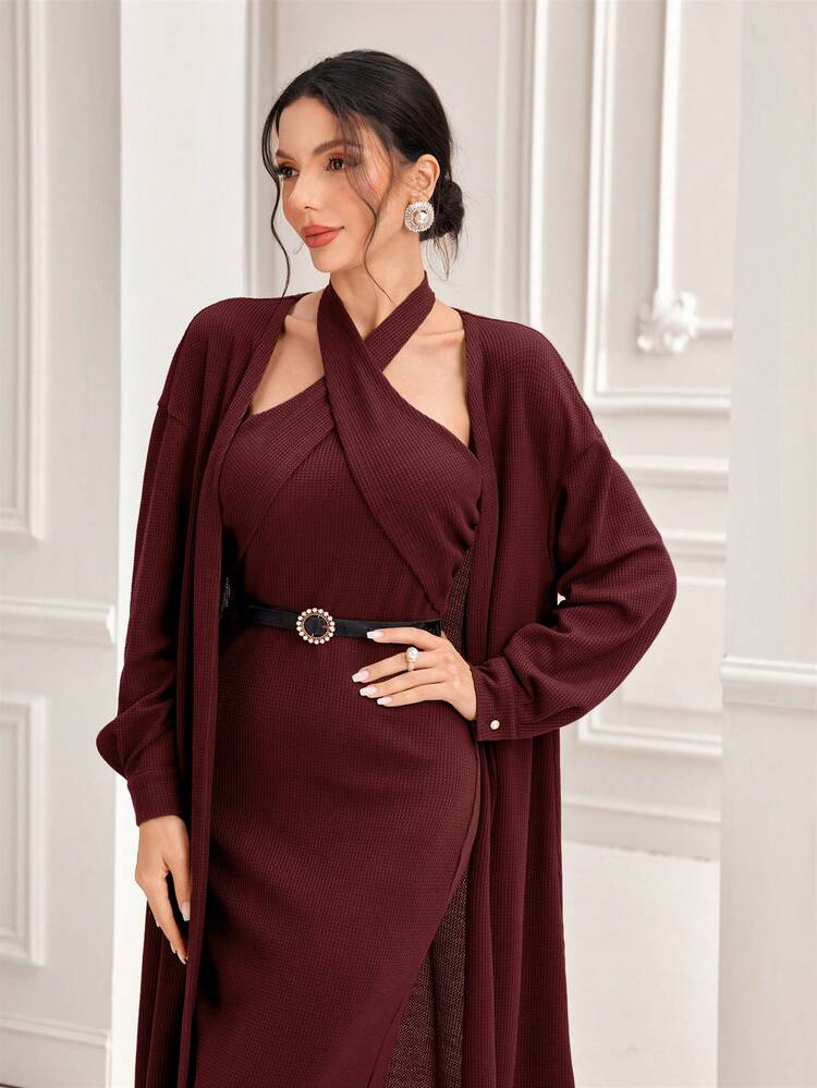 Burgundy Red Solid Bodycon Halter Dress & Open Front Coat Without Belt 2 Piece Set