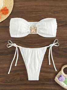 SHEIN Swim Summer Beach Bikini Set With Knotted Side And Starfish Detail - White - View 5