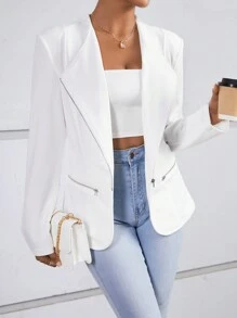 SHEIN Privé Cổ áo thác nước Dây kéo áo - trắng - Xem 1