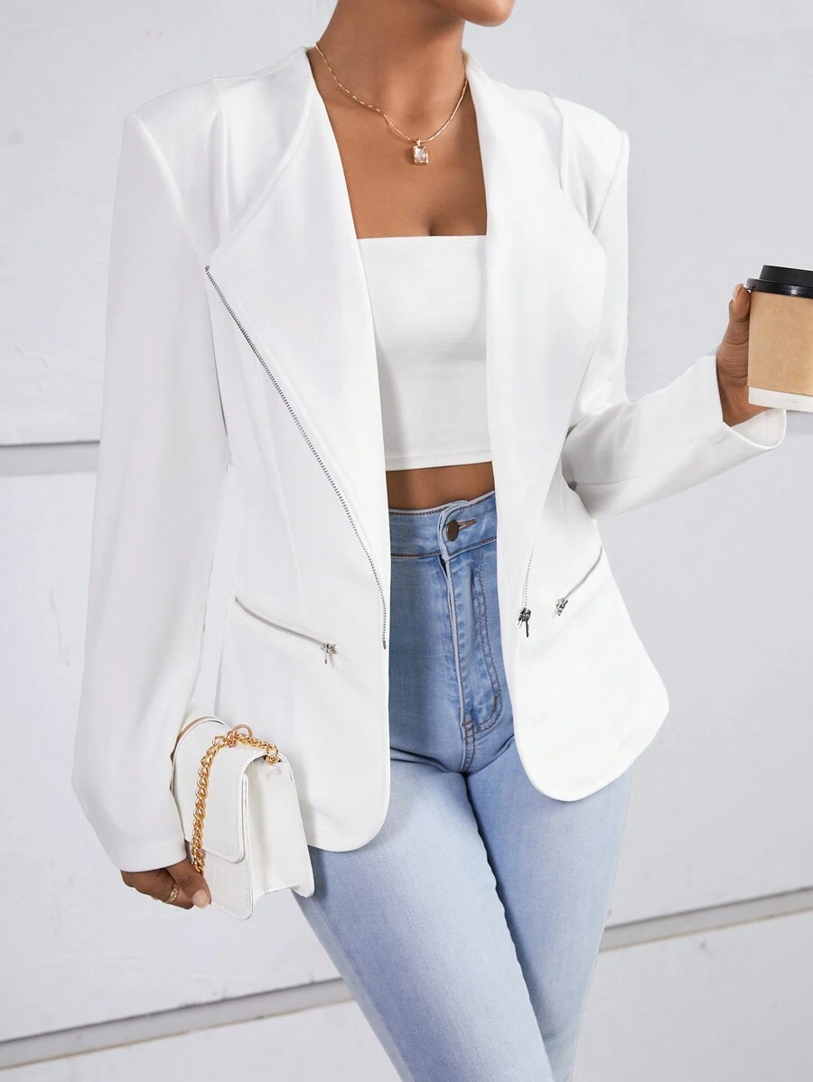 SHEIN Privé Cổ áo thác nước Dây kéo áo - trắng - Xem 1