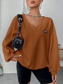 SHEIN EZwear Chi tiết Patched thư Thả vai Áo nỉ - màu nâu - Xem 2