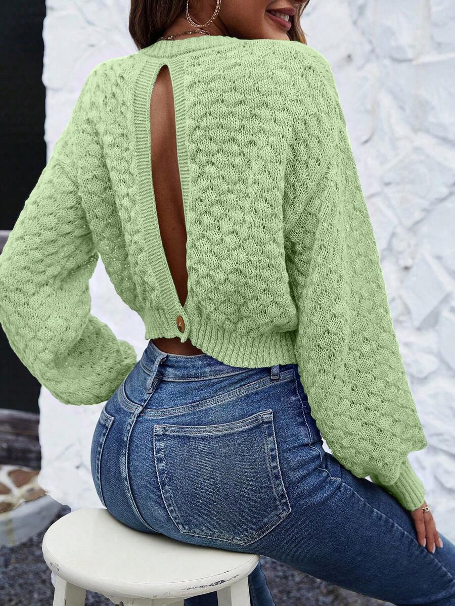 SHEIN Essnce 純色空心背短版毛衣 - 薄荷綠 - 查看 1