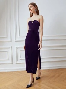 MOTF PREMIUM STRAPLESS VELVET RHINESTONE DRESS - Purple - View 5