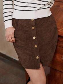 SHEIN Frenchy Button Front Corduroy Skirt Winter Brown Brown Casual - Chocolate Brown - View 3