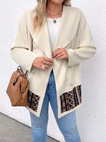 SHEIN LUNE Plus Contrast Geo Print Shawl Collar Button Detail Coat Fall Cloth For Women - Apricot - View 3