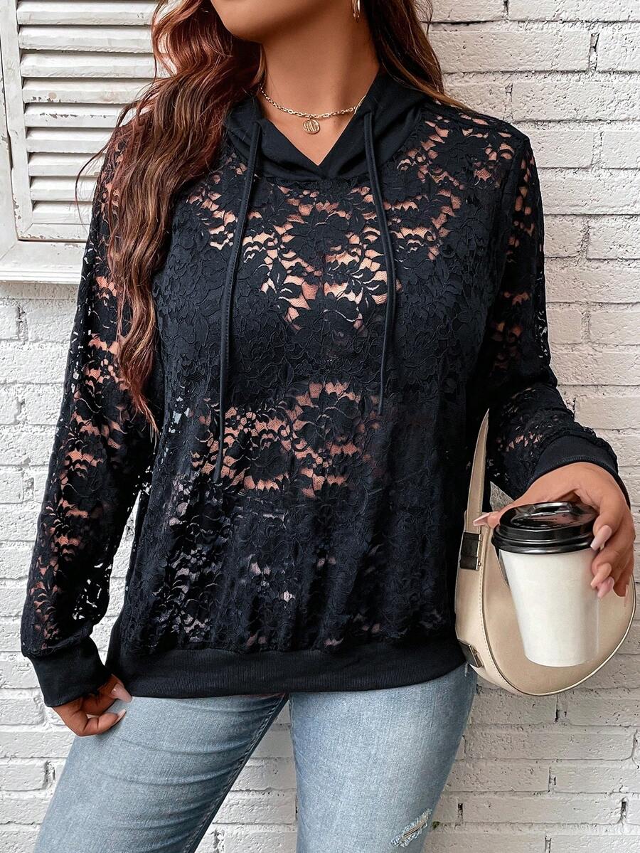 SHEIN LUNE Sudadera con cordón de encaje talla grande - Azul Marino - Ver 1
