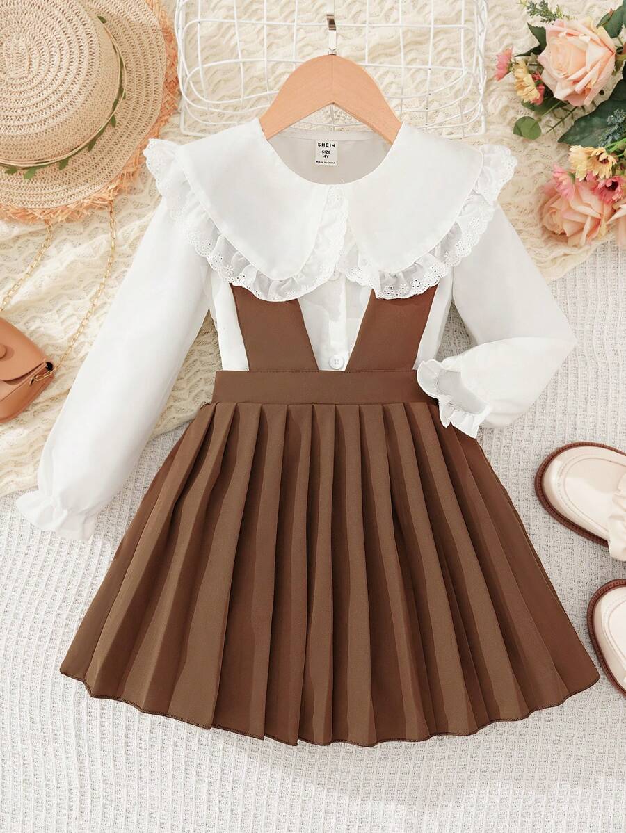 SHEIN Cô Gái Trẻ Cổ áo rộng tay áo lá sen Áo sơ mi & Xếp li Đầm Tổng thể - Nhiều màu - Xem 1
