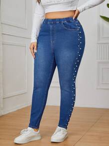 SHEIN Privé Plus Size Pearl Beaded Skinny Jeans - Dark Wash - View 3