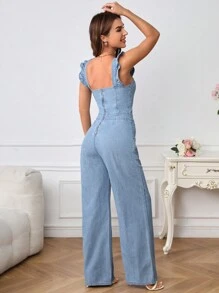 SHEIN Tall Đã vá Túi Viền Ruffle Quần yếm Denim - Rửa trung bình - Xem 2