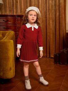 SHEIN Cô Gái Trẻ Viền tương phản Xếp li Đầm Áo len - Màu Đỏ Sâu - Xem 5