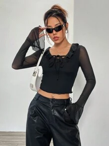 SHEIN Unity Ruffle Trim Flounce Sleeve Knot Front Crop Top - Black - View 6