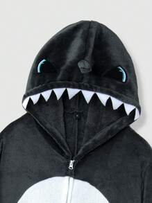 Men Shark Pattern Zip Front Fleece Hooded Loungewear Jumpsuit, For Fall Winter, Fluffy