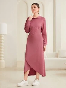 Mulvari Màu thuần áo có mũ Bao bên Đầm nỉ - Màu Hồng Tươi - Xem 5