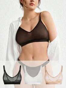 Ocili Leisure 3pcs Solid Sheer Mesh Bralette Lingerie - Multicolor - View 1
