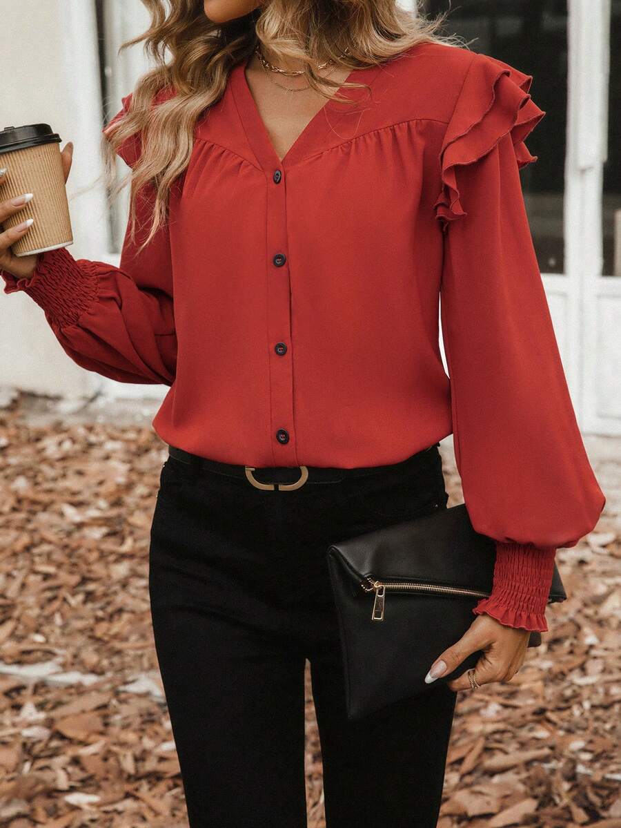 Chiquease Viền Ruffle Nút phía trước Tay áo lồng đèn Áo sơ mi - Màu Đỏ Sâu - Xem 1