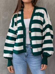 Striped Pattern Drop Shoulder Cardigan - Green - View 5