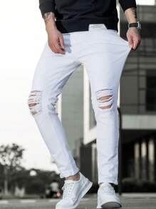 Manfinity 男士破洞細身牛仔褲修身長款輕色牛仔裝，兼具白色貨物口袋裝備，適合假期時尚派對 - 白色 - 查看 8