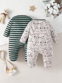 SHEIN Baby Boy 2pcs Striped & Cartoon Graphic Button Front Jumpsuit - Multicolor - View 2