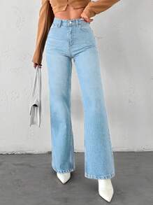 EURMUSE High Waisted Straight Leg Jeans - Light Wash - View 4