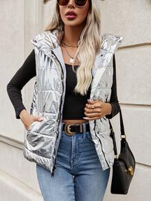 SHEIN Unity 拉链金属连帽背心夹棉大衣 - 銀色 - 查看 6