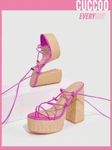 女鞋開框帶高跟厚底涼鞋,適用於春夏季 - 玫紅色 - 查看 5