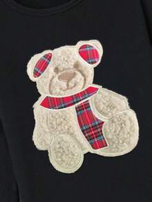 青少年女孩熊印花修身短袖上衣和方格褲裝睡衣套裝 - 彩色 - 查看 4