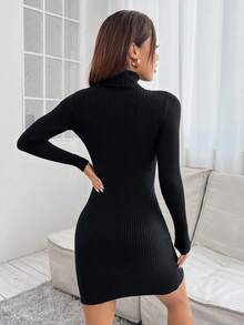 SHEIN PETITE Turtleneck Split Hem Sweater Dress - Black - View 2
