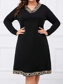 SHEIN LUNE Hơn Tương phản Sequin Ruy băng Cổ chữ V Đầm - màu đen - Xem 3