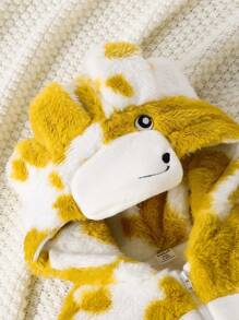 Baby Girl Cow Pattern 3D Ear Design Hooded Zipper Front Flannel Jumpsuit - Yellow - View 3