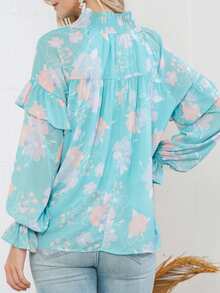 Astylish 休閒印花燈籠袖拉鍊女襯衫 - 淺藍色 - 查看 7