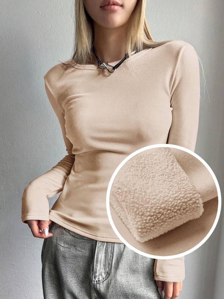 Solid Round Neck Tee Long Sleeve Women Tops,Thermal Lined Thermal Lined Fall,Winter