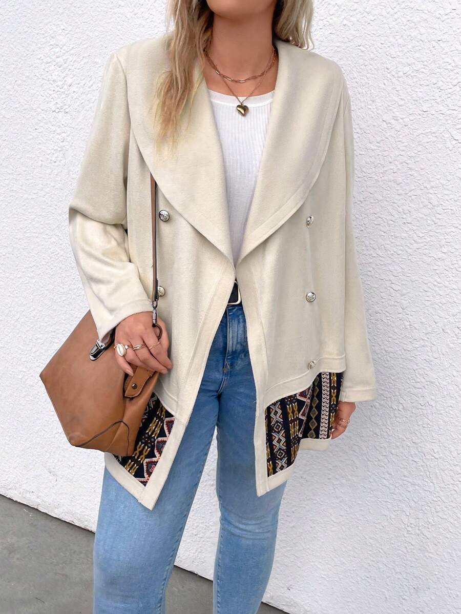 SHEIN LUNE Plus Contrast Geo Print Shawl Collar Button Detail Coat Fall Cloth For Women - Apricot - View 1