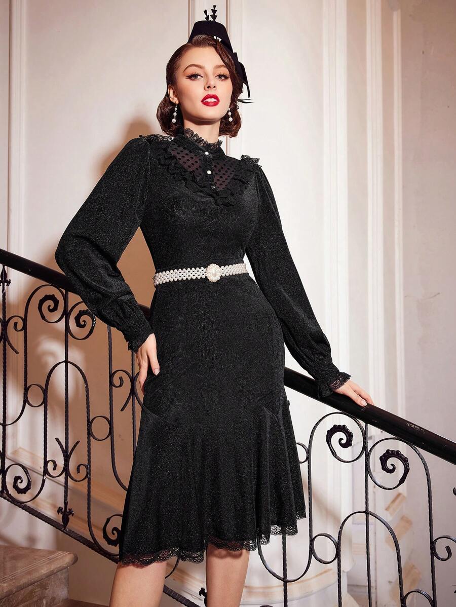 Vintamour 女士們圓點蕾絲鑲邊襯衫 - 黑色 - 查看 1