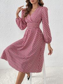 SHEIN Privé 滿版印花燈籠袖洋裝 - 酒紅色 - 查看 3