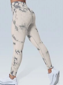 Tie Dye Yoga Đường Viền Nâng Mông Scrunch Quần Legging Cho Nữ Tập Luyện Liền Mạch Cao Cấp Bụng Kiểm Soát Nén Quần Thể Thao - Màu be - Xem 2