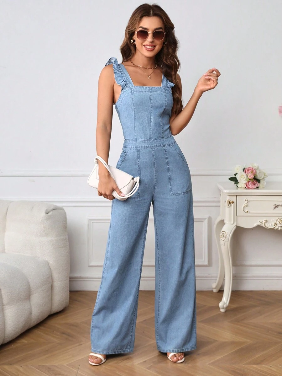 SHEIN Tall Đã vá Túi Viền Ruffle Quần yếm Denim - Rửa trung bình - Xem 1