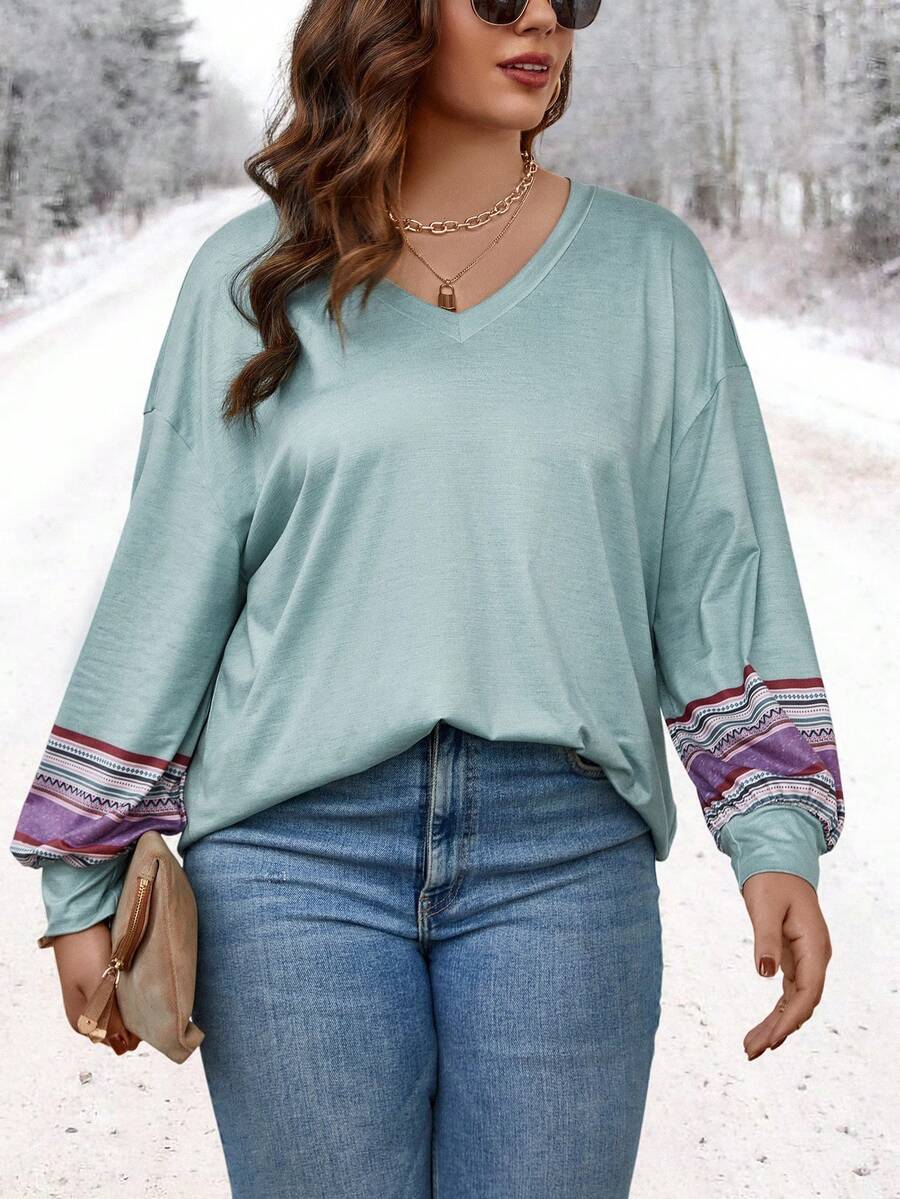 SHEIN LUNE 大碼幾何印花落肩T恤 - 綠色 - 查看 1