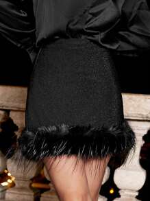 Poéselle Fuzzy Trim High Waist Glitter Skirt - Black - View 3