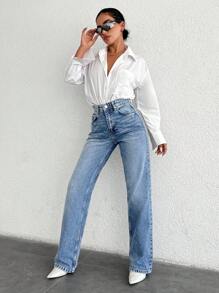 RueChic 100%Cotton Zipper Fly Straight-Leg Denim Jeans - Blue - View 3