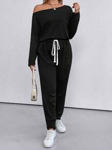 SHEIN LUNE 大碼不對稱領腰部抽繩連身褲 - 黑色 - 查看 3