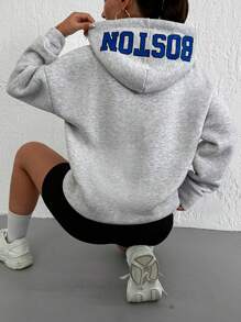 RueChic Letter Graphic Drop Shoulder Drawstring Hoodie - Dusty Purple - View 2