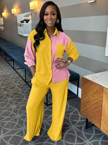 2pcs Contrast Color Collared Casual Elegant Shirt And Solid Color Pants Set - Màu vàng - Xem 5